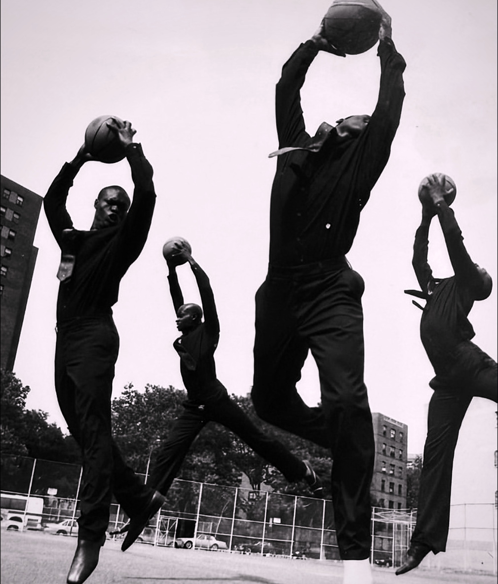 Koto Bolofo's Basketball Ballet 1: four dancers leaping with basketballs on a Harlem court